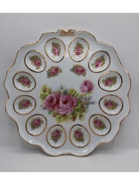 Vintage Ganz Deviled Egg Plate Platter Roses Floral with Gold Trim 11"